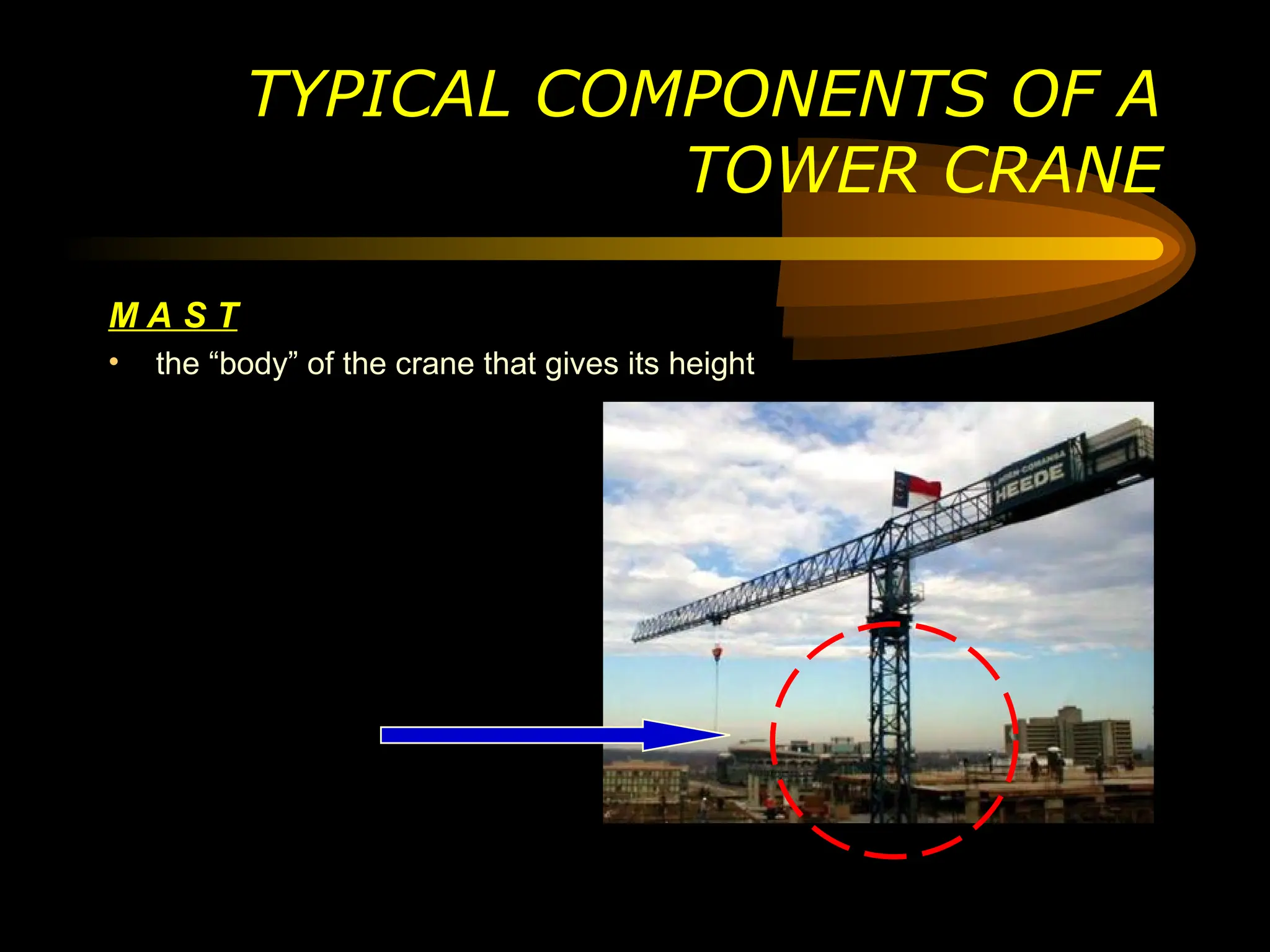 M A S T
• the “body” of the crane that gives its height
TYPICAL COMPONENTS OF A
TOWER CRANE
 
