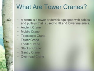 What Are Tower Cranes?
• A crane is a tower or derrick equipped with cables
and pulleys that is used to lift and lower materials.
• Ancient Crane
• Mobile Crane
• Telescopic Crane
• Tower Crane
• Loader Crane
• Stacker Crane
• Gantry Crane
• Overhead Crane
 