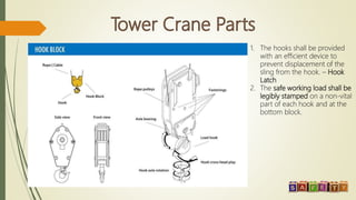 1. The hooks shall be provided
with an efficient device to
prevent displacement of the
sling from the hook. – Hook
Latch
2. The safe working load shall be
legibly stamped on a non-vital
part of each hook and at the
bottom block.
 
