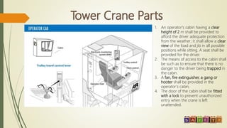 1. An operator’s cabin having a clear
height of 2 m shall be provided to
afford the driver adequate protection
from the weather; it shall allow a clear
view of the load and jib in all possible
positions while sitting. A seat shall be
provided for the driver.
2. The means of access to the cabin shall
be such as to ensure that there is no
danger to the driver being trapped in
the cabin.
3. A fan, fire extinguisher, a gang or
hooter shall be provided in the
operator’s cabin,
4. The door of the cabin shall be fitted
with a lock to prevent unauthorized
entry when the crane is left
unattended.
 