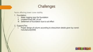 Factor affecting tower crane stability
1. Foundation:
I. Water logging near the foundation
II. Undetermined SBC of soil
III. Settlement of foundation due to soil effect
2. Support/Ties:
I. Proper design of column according to stress/strain details given by crane’s
manufacture(OEM)
 