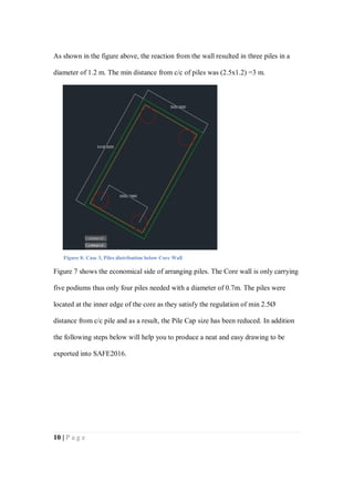 10 | P a g e
As shown in the figure above, the reaction from the wall resulted in three piles in a
diameter of 1.2 m. The min distance from c/c of piles was (2.5x1.2) =3 m.
Figure 7 shows the economical side of arranging piles. The Core wall is only carrying
five podiums thus only four piles needed with a diameter of 0.7m. The piles were
located at the inner edge of the core as they satisfy the regulation of min 2.5Ø
distance from c/c pile and as a result, the Pile Cap size has been reduced. In addition
the following steps below will help you to produce a neat and easy drawing to be
exported into SAFE2016.
Figure 8: Case 3, Piles distribution below Core Wall
 