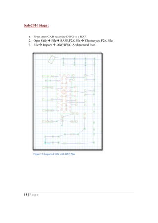14 | P a g e
Safe2016 Stage:
1. From AutoCAD save the DWG to a DXF
2. Open Safe  File SAFE.F2K File  Choose you F2K File.
3. File  Import  DXF/DWG Architectural Plan
Figure 13: Imported E2K with DXF Plan
 