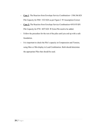 28 | P a g e
- Case 1: The Reaction from Envelope Service Combination= 1506.566 KN
Pile Capacity for P60= 3323 KN as per Figure 2  Assumption Correct
- Case 2: The Reaction from Envelope Service Combination=6918.95 KN
Pile Capacity for P70= 4075 KN  Extra Pile need to be added.
- Follow the procedure for the rest of the piles until you end up with a safe
foundation.
- It is important to check the Pile’s capacity in Compression and Tension,
using Max or Min display in Load Combination. Both should determine
the appropriate Piles that should be used.
 