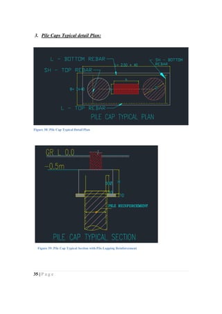 35 | P a g e
3. Pile Caps Typical detail Plan:
Figure 38: Pile Cap Typical Detail Plan
Figure 39: Pile Cap Typical Section with Pile Lapping Reinforcement
 