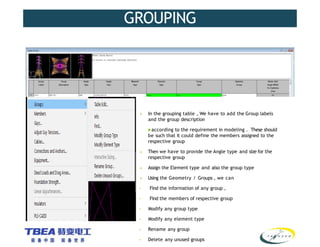 GROUPING
 In the grouping table , We have to add the Group labels
and the group description
according to the requirement in modeling . These should
be such that it could define the members assigned to the
respective group
 Then we have to provide the Angle type and size for the
respective group
 Assign the Element type and also the group type
 Using the Geometry / Groups , we can
• Find the information of any group ,
• Find the members of respective group
• Modify any group type
• Modify any element type
• Rename any group
• Delete any unused groups
 