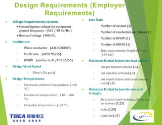 Design Requirements (Employer
Requirements)
 Voltage Requirements/System
System highest voltage for equipment
/power frequency - (420 / 50 kV/Hz ).
Nominal voltage (400 kV).
 Conductors.
• Phase conductor (AAC-SORBUS)
• Earth wire (ACSR 95/55)
• OPGW (similar to AL/ACS 95/55)
 Design Wind Speed
• 39m/s (3s gust)
 Design Temperatures
• Maximum ambient temperature (+40
°C)
• Conductor temperature (+10 - +80
°C)
• Everyday temperature (+27 °C)
 Line Data
• Number of circuits (2)
• Number of conductors per phase (3)
• Number of OPGW (1)
• Number of OHGW (1)
• Total approximate length of lines
(136 km)
 Minimum Partial factors for load actions
• For permanent actions (1.2)
• For variable actions(1.3)
• For construction and maintenance
loads(1.5)
 Minimum Partial factors for material
strength.
• Structural steel sections, plates, etc.
for towers (1.25)
• Bolts(1.25)
• Concrete(1.5)
 