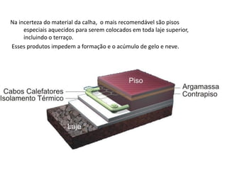 Na incerteza do material da calha, o mais recomendável são pisos especiais aquecidos para serem colocados em toda laje superior, incluindo o terraço. 
Esses produtos impedem a formação e o acúmulo de gelo e neve.  