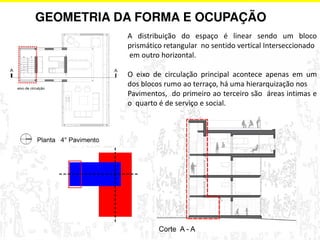 GEOMETRIA DA FORMA E OCUPAÇÃO 
A distribuição do espaço é linear sendo um bloco 
prismático retangular no sentido vertical Interseccionado 
em outro horizontal. 
O eixo de circulação principal acontece apenas em um 
dos blocos rumo ao terraço, há uma hierarquização nos 
Pavimentos, do primeiro ao terceiro são áreas intimas e 
o quarto é de serviço e social. 
 