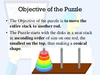 Objective of the Puzzle
Problem Solving and Python Programming 4
• The Objective of the puzzle is to move the
entire stack to another rod.
• The Puzzle starts with the disks in a neat stack
in ascending order of size on one rod, the
smallest on the top, thus making a conical
shape.
 