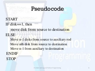 Pseudocode
START
IF disk==1, then
move disk from source to destination
ELSE
Move n-1 disks from source to auxiliary rod
Move nth disk from source to destination
Move n-1 from auxiliary to destination
ENDIF
STOP
Problem Solving and Python Programming 8
 
