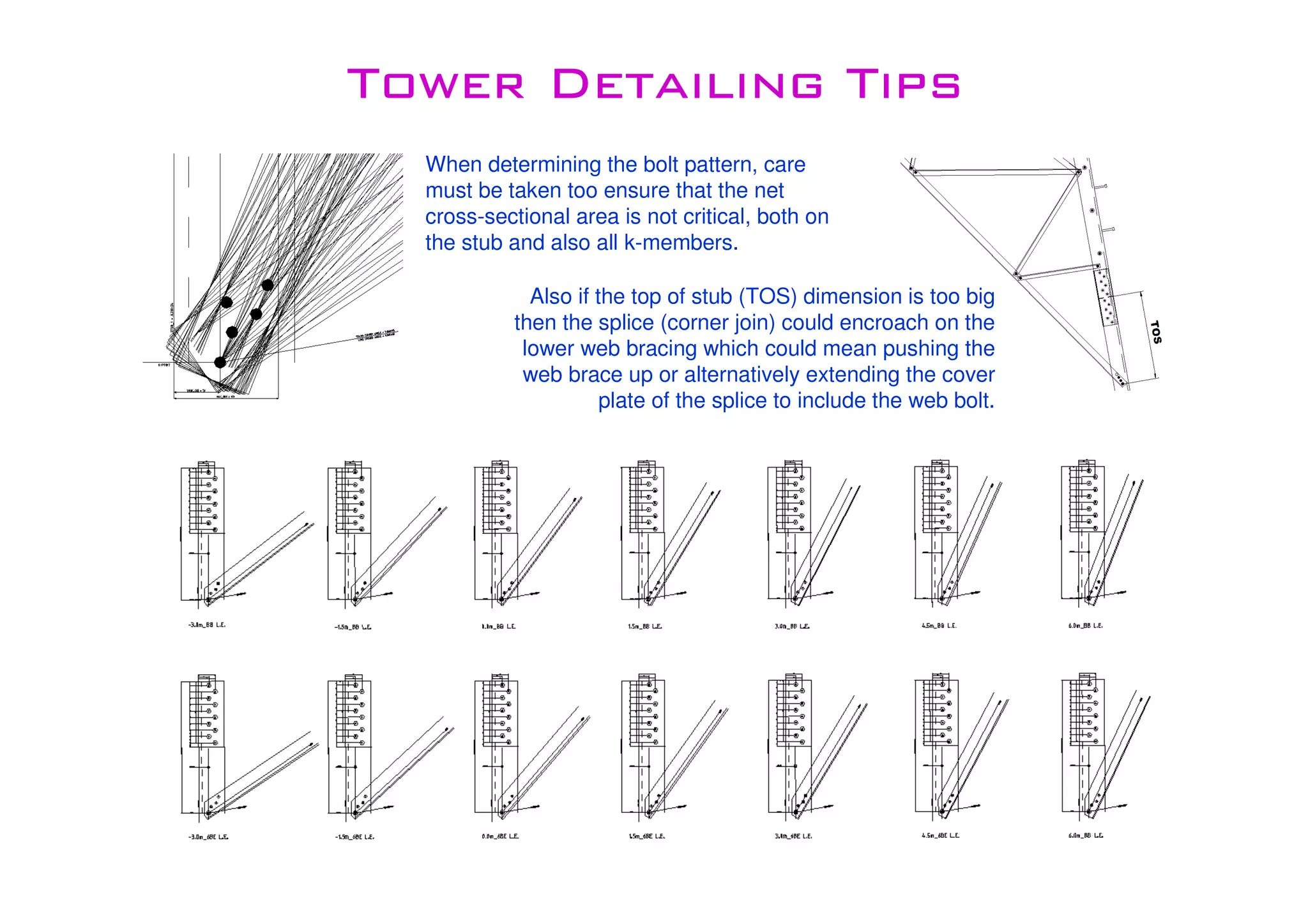 Tower Detailing TipsTower Detailing TipsTower Detailing TipsTower Detailing Tips
When determining the bolt pattern, care
must be taken too ensure that the net
cross-sectional area is not critical, both on
the stub and also all k-members.
Also if the top of stub (TOS) dimension is too big
then the splice (corner join) could encroach on the
lower web bracing which could mean pushing the
web brace up or alternatively extending the cover
plate of the splice to include the web bolt.
 
