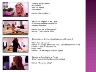 -Close up shot of Gemma
-Not centred
-High key lighting
-See reaction

Frankie- ‘like an, like a...’




-Back to the long shot of the 3 girls
-Still having the same conversation
-See who is speaking

Frankie- ‘Is it like an Oscar award?’
Gemma- ‘That’s what he thinks’



-Camera pans as Gemma gets up to go and get the award

Chloe- ‘How old was he?’
Frankie- ‘Go and get it then, lets have a look at this brilliant award’
Gemma- ‘I think he was about two
Chloe- ‘Two?!’
Gemma- ‘The way he goes on about it yeah’



-Close up on Chloe looking at Frankie
-Chloe’s reaction to what Gemma has just said

Frankie- ‘Oh you are joking’
 