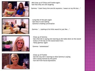 -Mid close up of Chloe and Frankie again.
-See that they are still laughing

Gemma- ‘I dont fancy him one bit anymore, I swear on my life but...’




 -Long shot of the girls again
 -See they’re still talking
 -Gemma is holding conversation


 Gemma- ‘...looking at his little award its just like...’



  -Close up of Gemma
  -See what she is saying and reacting as she looks down at the award
  -Colour of the lips on the stand match hers
  -Tacky glamour again

  Gemma- ‘oooooooooo’




  -Close up of Frankie
  -See the way she’s reacting to what Gemma is saying
  -She’s losing interest by this point
  -Can tell from facial expressions
 