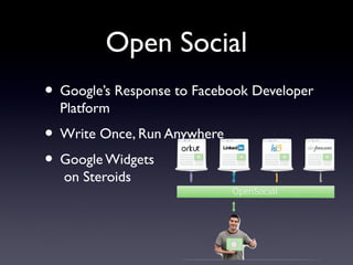 Open Social
• Google’s Response to Facebook Developer
Platform
• Write Once, Run Anywhere
• Google Widgets
on Steroids
 