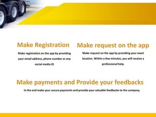 Make Registration
Make registration on the app by providing
your email address, phone number or any
social media ID
Make request on the app
Make request on the app by providing your exact
location. Within a few minutes, you will receive a
professional help.
Make payments and Provide your feedbacks
In the end make your secure payments and provide your valuable feedbacks to the company.