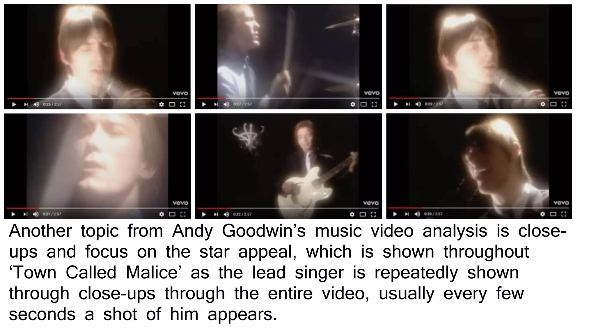 Another topic from Andy Goodwin’s music video analysis is close-
ups and focus on the star appeal, which is shown throughout
‘Town Called Malice’ as the lead singer is repeatedly shown
through close-ups through the entire video, usually every few
seconds a shot of him appears.
 