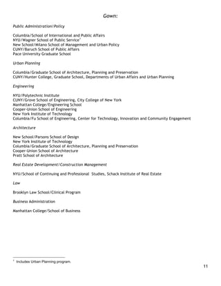 Gown:
Public Administration/Policy

Columbia/School of International and Public Affairs
NYU/Wagner School of Public Service1
New School/Milano School of Management and Urban Policy
CUNY/Baruch School of Public Affairs
Pace University Graduate School

Urban Planning

Columbia/Graduate School of Architecture, Planning and Preservation
CUNY/Hunter College, Graduate School, Departments of Urban Affairs and Urban Planning

Engineering

NYU/Polytechnic Institute
CUNY/Grove School of Engineering, City College of New York
Manhattan College/Engineering School
Cooper-Union School of Engineering
New York Institute of Technology
Columbia/Fu School of Engineering, Center for Technology, Innovation and Community Engagement

Architecture

New School/Parsons School of Design
New York Institute of Technology
Columbia/Graduate School of Architecture, Planning and Preservation
Cooper-Union School of Architecture
Pratt School of Architecture

Real Estate Development/Construction Management

NYU/School of Continuing and Professional Studies, Schack Institute of Real Estate

Law

Brooklyn Law School/Clinical Program

Business Administration

Manhattan College/School of Business




1
    Includes Urban Planning program.
                                                                                                11
 