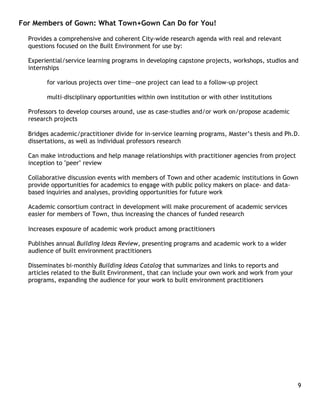 For Members of Gown: What Town+Gown Can Do for You!

  Provides a comprehensive and coherent City-wide research agenda with real and relevant
  questions focused on the Built Environment for use by:

  Experiential/service learning programs in developing capstone projects, workshops, studios and
  internships

        for various projects over time—one project can lead to a follow-up project

        multi-disciplinary opportunities within own institution or with other institutions

  Professors to develop courses around, use as case-studies and/or work on/propose academic
  research projects

  Bridges academic/practitioner divide for in-service learning programs, Master’s thesis and Ph.D.
  dissertations, as well as individual professors research

  Can make introductions and help manage relationships with practitioner agencies from project
  inception to "peer" review

  Collaborative discussion events with members of Town and other academic institutions in Gown
  provide opportunities for academics to engage with public policy makers on place- and data-
  based inquiries and analyses, providing opportunities for future work

  Academic consortium contract in development will make procurement of academic services
  easier for members of Town, thus increasing the chances of funded research

  Increases exposure of academic work product among practitioners

  Publishes annual Building Ideas Review, presenting programs and academic work to a wider
  audience of built environment practitioners

  Disseminates bi-monthly Building Ideas Catalog that summarizes and links to reports and
  articles related to the Built Environment, that can include your own work and work from your
  programs, expanding the audience for your work to built environment practitioners




                                                                                                 9
 