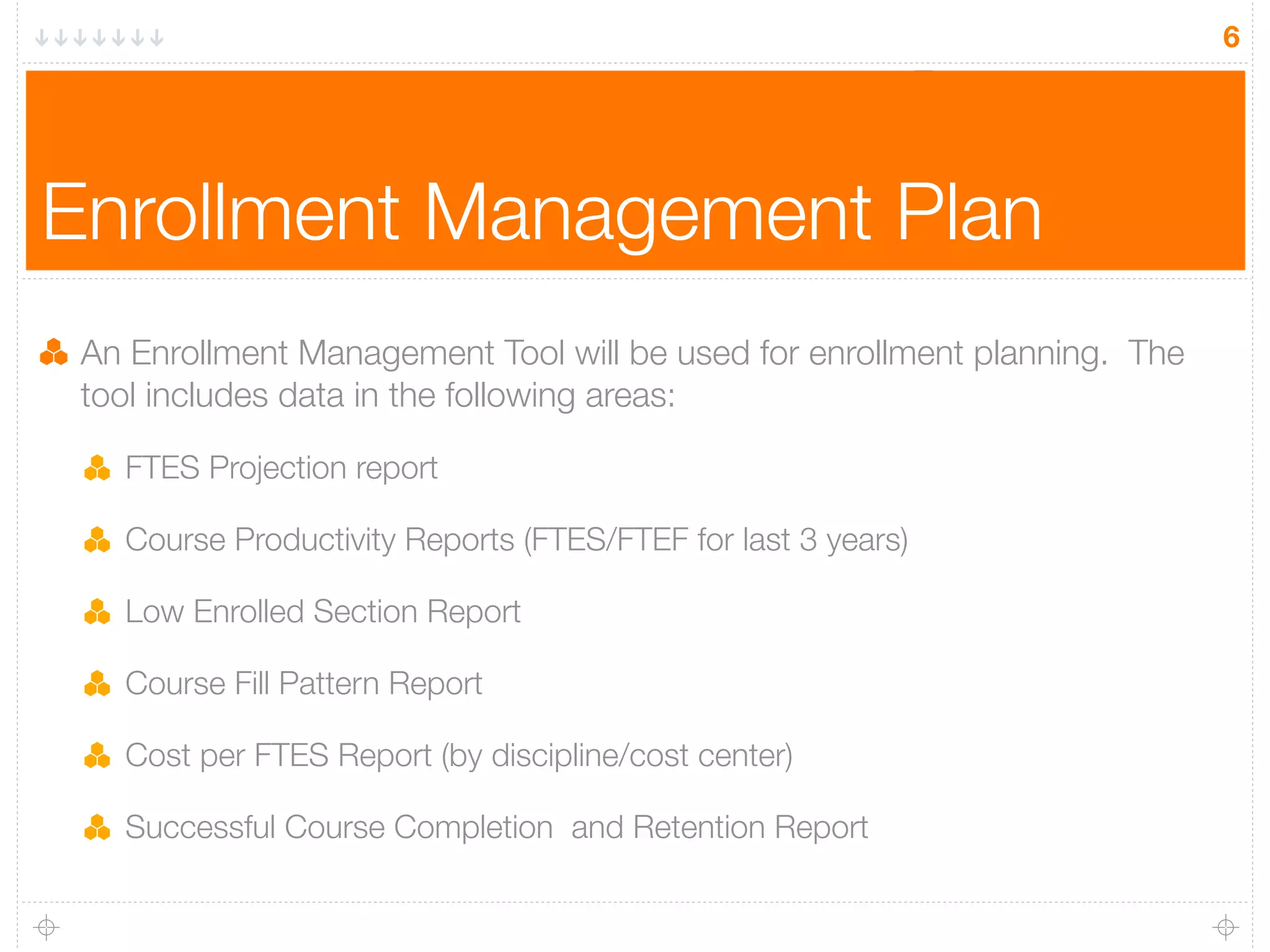 6




Enrollment Management Plan
 An Enrollment Management Tool will be used for enrollment planning. The
 tool includes data in the following areas:

   FTES Projection report

   Course Productivity Reports (FTES/FTEF for last 3 years)

   Low Enrolled Section Report

   Course Fill Pattern Report

   Cost per FTES Report (by discipline/cost center)

   Successful Course Completion and Retention Report
 