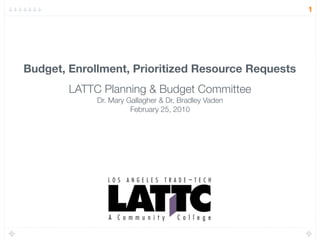 1




Budget, Enrollment, Prioritized Resource Requests
        LATTC Planning & Budget Committee
             Dr. Mary Gallagher & Dr. Bradley Vaden
                       February 25, 2010
 