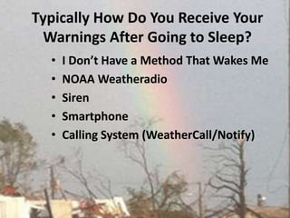 Typically How Do You Receive Your Warnings After Going to Sleep? I Don’t Have a Method That Wakes MeNOAA WeatheradioSiren SmartphoneCalling System (WeatherCall/Notify) 
