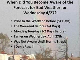 When Did You Become Aware of the Forecast for Bad Weather for Wednesday 4/27?Prior to the Weekend Before (5+ Days)The Weekend Before (3-4 Days)  Monday/Tuesday (1-2 Days Before)Earlier on Wednesday, April 27thWas Not Aware Until Storms Struck I Don’t Recall 