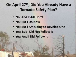 On April 27th, Did You Already Have a Tornado Safety Plan?No: And I Still Don’tNo: But I Do Now No: But I Am Going to Develop One Yes: But I Did Not Follow It Yes: And I Did Follow It 