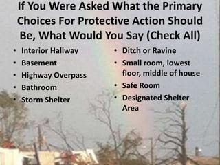 If You Were Asked What the Primary Choices For Protective Action Should Be, What Would You Say (Check All)Interior Hallway Basement Highway OverpassBathroom Storm Shelter Ditch or Ravine Small room, lowest floor, middle of house Safe Room Designated Shelter Area 