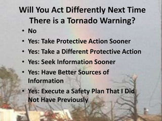Will You Act Differently Next Time There is a Tornado Warning?No Yes: Take Protective Action Sooner Yes: Take a Different Protective ActionYes: Seek Information SoonerYes: Have Better Sources of InformationYes: Execute a Safety Plan That I Did Not Have Previously
