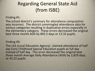 Regarding General State Aid
(from ISBE)
Finding #1-
The school district’s summary for attendance computation
was incorrect. The district commingled attendance data for
various categories resulting in duplicative errors especially in
the elementary category. These errors decreased the original
best three month ADA by 893.5 days or 13.33 pupils.
Finding #3-
The LEA (Local Education Agency) claimed attendance of half
day Early Childhood Special Education pupils as full day
instead of half day. This error decreased the original best
three month Average Daily Attendance (ADA) by 2,829 days,
or 42.22 pupils.
 