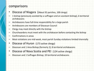 comparisons
• Diocese of Niagara (About 92 parishes, 100 clergy)
– 1 bishop (previously assisted by a suffragan and an assistant bishop), 6 territorial
  archdeacons
– Archdeacons have full-time responsibility for a large parish
– Archdeacons are members of Diocesan Council
– Clergy may meet directly with the bishop
– Churchwardens must meet with the archdeacon before contacting the bishop
– Confirmations in areas
– Most visitations are mid-week, most parish Sunday visitations limited triennially
• Diocese of Huron (173 active clergy)
– Diocesan and 1 Area Bishop (formerly 2); 8 territorial archdeacons
• Diocese of Nova Scotia and PEI (124 active clergy)
– Diocesan and 1 Suffragan Bishop; 10 territorial archdeacons
 
