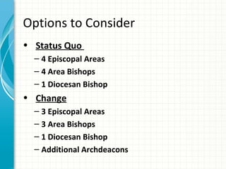 Options to Consider
• Status Quo
  – 4 Episcopal Areas
  – 4 Area Bishops
  – 1 Diocesan Bishop
• Change
  – 3 Episcopal Areas
  – 3 Area Bishops
  – 1 Diocesan Bishop
  – Additional Archdeacons
 