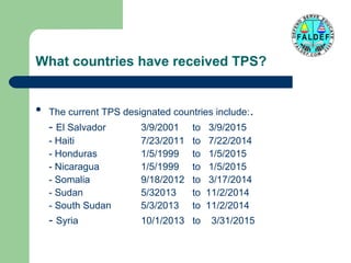 What countries have received TPS?



The current TPS designated countries include:.

- El Salvador
- Haiti
- Honduras
- Nicaragua
- Somalia
- Sudan
- South Sudan

3/9/2001
7/23/2011
1/5/1999
1/5/1999
9/18/2012
5/32013
5/3/2013

to
to
to
to
to
to
to

3/9/2015
7/22/2014
1/5/2015
1/5/2015
3/17/2014
11/2/2014
11/2/2014

- Syria

10/1/2013 to

3/31/2015

 