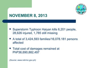 NOVEMBER 8, 2013



Superstorm Typhoon Haiyan kills 6,201 people,
28,626 injured, 1,785 still missing



A total of 3,424,593 families/16,078.181 persons
affected



Total cost of damages remained at
PhP36,690,882,497

(Source: www.ndrrmc.gov.ph)

 