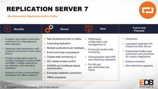 © Copyright EnterpriseDB Corporation, 2020. All rights reserved.
REPLICATION SERVER 7
Next Generation Replication built on Kafka
Next
• New Architecture built on Kafka
• Cascading replication
• Multiple publications per database
• End-to-end data compression
• Cluster-wide monitoring v1
• ACL-based access control
• SCRAM and Certificate-based
authentication
• Encrypted database connection
• Offline snapshots
• PEM-based
configuration and
management UI
• Enhanced cluster-wide
monitoring
• Interoperability with EFM
and streaming replication
• For HA and
geo-distributed use
cases
Recent
• Scalable, fault-tolerant distributed
architecture for heterogeneous
data replication
• Optimized data transmission with
sustained sub-second cross-region
latency
• Flexible configuration supports
complex topologies including SMR
and MMR, multiple publications
per database, and cascading
replication
• Rebasing of new or disconnected
databases with offline snapshot
Benefits
12
Future and
Potential
• Containers
• Log-based replication for
Oracle and SQL Server
• Independent Kafka topic
consumers and producers
for custom integrations
• Schema evolution
• Zero-downtime upgrades
 