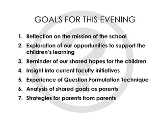 GOALS FOR THIS EVENING
1. Reflection on the mission of the school
2. Exploration of our opportunities to support the
children’s learning
3. Reminder of our shared hopes for the children
4. Insight into current faculty initiatives
5. Experience of Question Formulation Technique
6. Analysis of shared goals as parents
7. Strategies for parents from parents

 