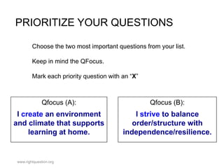 PRIORITIZE YOUR QUESTIONS
Choose the two most important questions from your list.
Keep in mind the QFocus.
Mark each priority question with an “X”

Qfocus (A):

Qfocus (B):

I create an environment
and climate that supports
learning at home.

I strive to balance
order/structure with
independence/resilience.

www.rightquestion.org

 