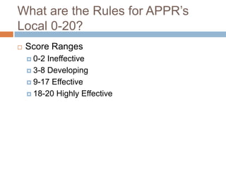 What are the Rules for APPR’s
Local 0-20?
   Score Ranges
     0-2 Ineffective
     3-8 Developing

     9-17 Effective

     18-20 Highly Effective
 