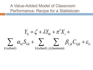 A Value-Added Model of Classroom
     Performance: Recipe for a Statistician




                 Y1i    Y0i    X i 
  
k (school)
             1k S1ik                  
                          k (school) j (classroom)
                                                     1 jk C1ijk  1i
 