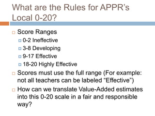 What are the Rules for APPR’s
Local 0-20?
   Score Ranges
     0-2 Ineffective
     3-8 Developing

     9-17 Effective

     18-20 Highly Effective

   Scores must use the full range (For example:
    not all teachers can be labeled “Effective”)
   How can we translate Value-Added estimates
    into this 0-20 scale in a fair and responsible
    way?
 