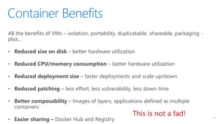 Container Benefits
10
All the benefits of VMs – isolation, portability, duplicatable, shareable, packaging -
plus…
• Reduced size on disk – better hardware utilization
• Reduced CPU/memory consumption – better hardware utilization
• Reduced deployment size – faster deployments and scale up/down
• Reduced patching – less effort, less vulnerability, less down time
• Better composability – Images of layers, applications defined as multiple
containers
• Easier sharing – Docker Hub and Registry
This is not a fad!
 