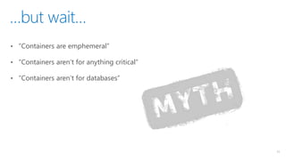 …but wait…
11
• “Containers are emphemeral”
• “Containers aren’t for anything critical”
• “Containers aren’t for databases”
 