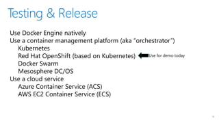 Testing & Release
15
Use Docker Engine natively
Use a container management platform (aka “orchestrator”)
Kubernetes
Red Hat OpenShift (based on Kubernetes)
Docker Swarm
Mesosphere DC/OS
Use a cloud service
Azure Container Service (ACS)
AWS EC2 Container Service (ECS)
Use for demo today
 