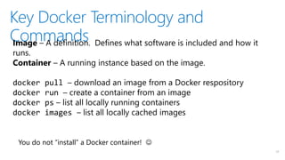 Key Docker Terminology and
Commands
17
Image – A definition. Defines what software is included and how it
runs.
Container – A running instance based on the image.
docker pull – download an image from a Docker respository
docker run – create a container from an image
docker ps – list all locally running containers
docker images – list all locally cached images
You do not “install” a Docker container! 
 
