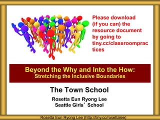 The Town School
Rosetta Eun Ryong Lee
Seattle Girls’ School
Beyond the Why and Into the How:
Stretching the Inclusive Boundaries
Rosetta Eun Ryong Lee (http://tiny.cc/rosettalee)
Please download
(if you can) the
resource document
by going to
tiny.cc/classroomprac
tices
 