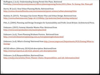 Buffington, J. (n.d.). Understanding Zoning Permit Site Plans. Retrieved
fromhttp://www.henrycountyiowa.us/offices/planningzoning/forms/2011/How_To_Zoning_Site_Plans.pdf
Harris, W. (n.d.) How Urban Planning Works. Retrieved from
http://science.howstuffworks.com/environmental/green-science/urban-planning3.htm
Hashim, H. (2015). Putrajaya City Centre Master Plan and Urban Design. Retrieved from
http://www.urbanisma.com/?page_id=1144http://jp-land.com/land-rezoning-malaysia/
Pitts, A. (2004). Planning and Design Strategies for Sustainability and Profit. Great Britain: Architectural Press.
Unknown. (2015). Sunway Iskandar Master Plan. Retrieved from
http://www.sunwayiskandar.com/masterplan.html
Unknown. (n.d.). Town Planning Brisbane Process. Retrieved from
http://www.brisbanetownplanning.com.au/townplanningbrisbane.html
Unknown. (n.d). What is Zoning? Retrieved from http://www.smgov.net/Departments/PCD/Zoning/What-is-
Zoning/
AGCAS editors. (february, 2014) Job description. Retrieved from
http://www.prospects.ac.uk/town_planner_job_description.htm
Unknown. (n.d) Responsibilities. Retrieved from
http://study.com/articles/Town_Planner_Duties_Responsiblities_and_Job_Information.html
 
