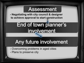 - Overcoming problems in aged cities
- Plans to preserve city
- Negotiating with city council & designer
to achieve approval to start construction
 