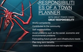 RESPONSIBILITI
ES OF A TOWN
PLANNER
Works competently
Contributes to the community
Self responsibilities
Avoid problems such as the social, economic and
environmental problems
Forecasting future growth and infrastructure needs
Plan long term benefits
Make sure stakeholders are not neglected
 