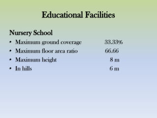 Educational Facilities
Nursery School
• Maximum ground coverage 33.33%
• Maximum floor area ratio 66.66
• Maximum height 8 m
• In hills 6 m
 